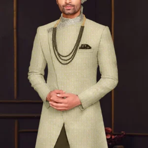 Dark Olive Brown Jacket Style Woven Zari Men's Sherwani