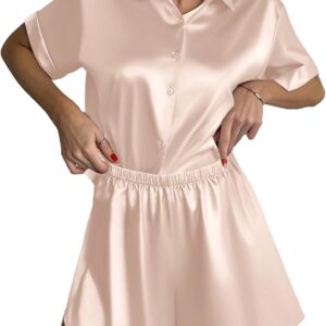 Ekouaer Silk Pajamas for Women Short Sleeve Satin Pajama Set 2 Piece Button Down Loungewear S-XXL