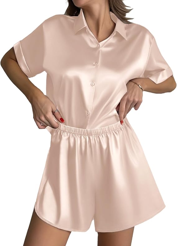 Ekouaer Silk Pajamas for Women Short Sleeve Satin Pajama Set 2 Piece Button Down Loungewear S-XXL