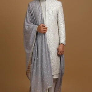 Embroidered Modal Satin Off White Men Sherwani With Dupatta For Eid