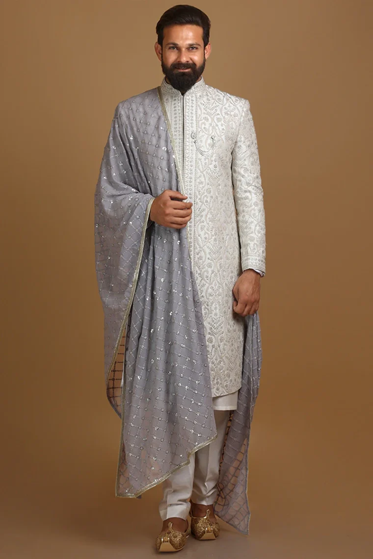 Embroidered Modal Satin Off White Men Sherwani With Dupatta For Eid