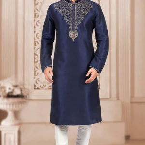 Gota Patti Embroidered Dupion Silk Navy Blue Men Kurta