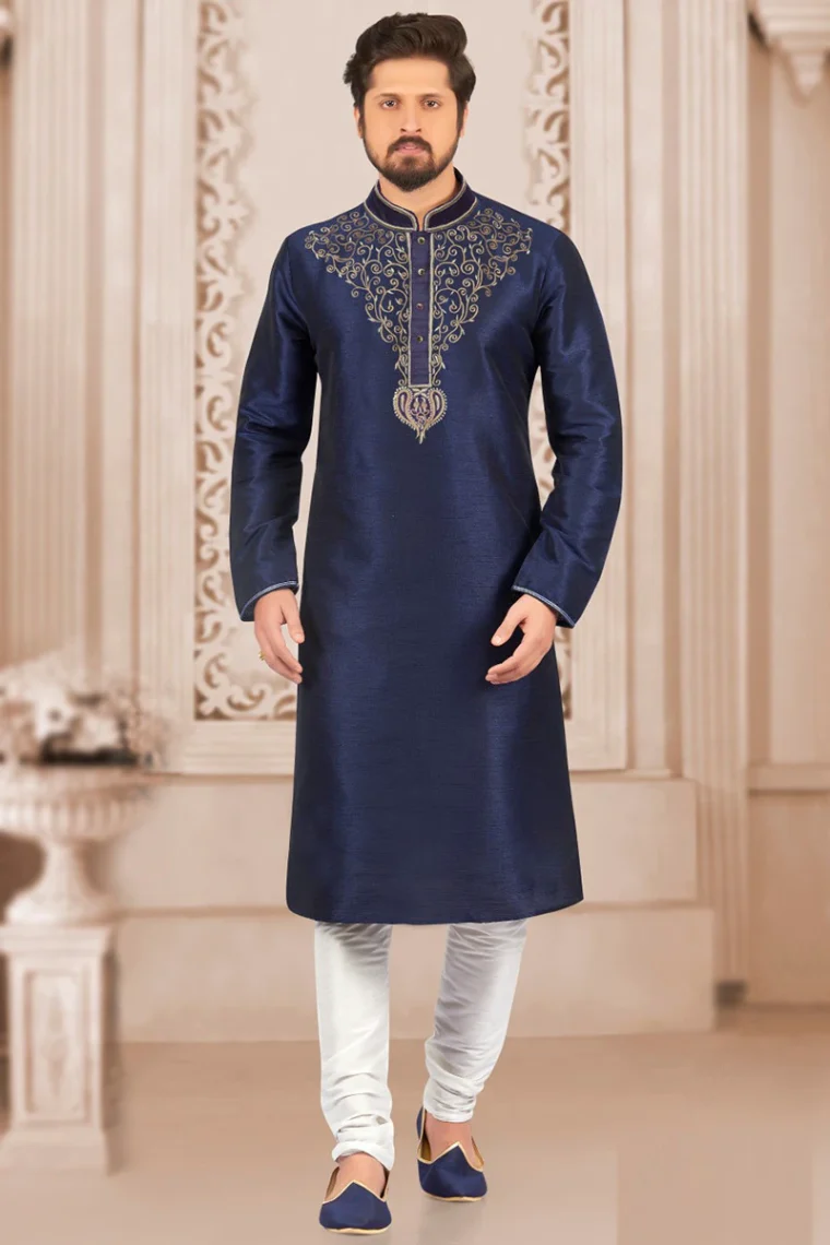 Gota Patti Embroidered Dupion Silk Navy Blue Men Kurta