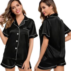 LecGee Womens Silk Satin Pajamas Short Sleeve Loungewear Two-Piece Sleepwear Button-Down Pj Set