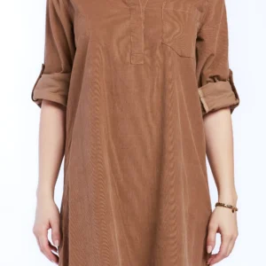 Lizbeth Rolled Tab Sleeve Pop Over Shift Dress Split Neck With 2 Button