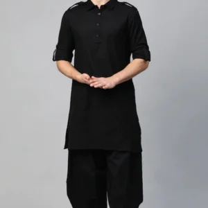 Pathani Linen Black Men Kurta Pajama