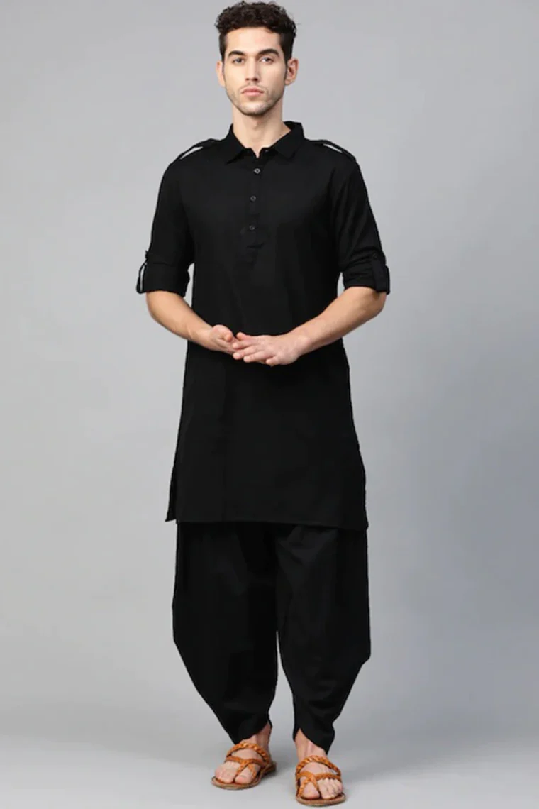 Pathani Linen Black Men Kurta Pajama