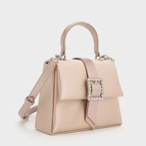 Satin Crystal-Buckle Belted Top Handle Bag