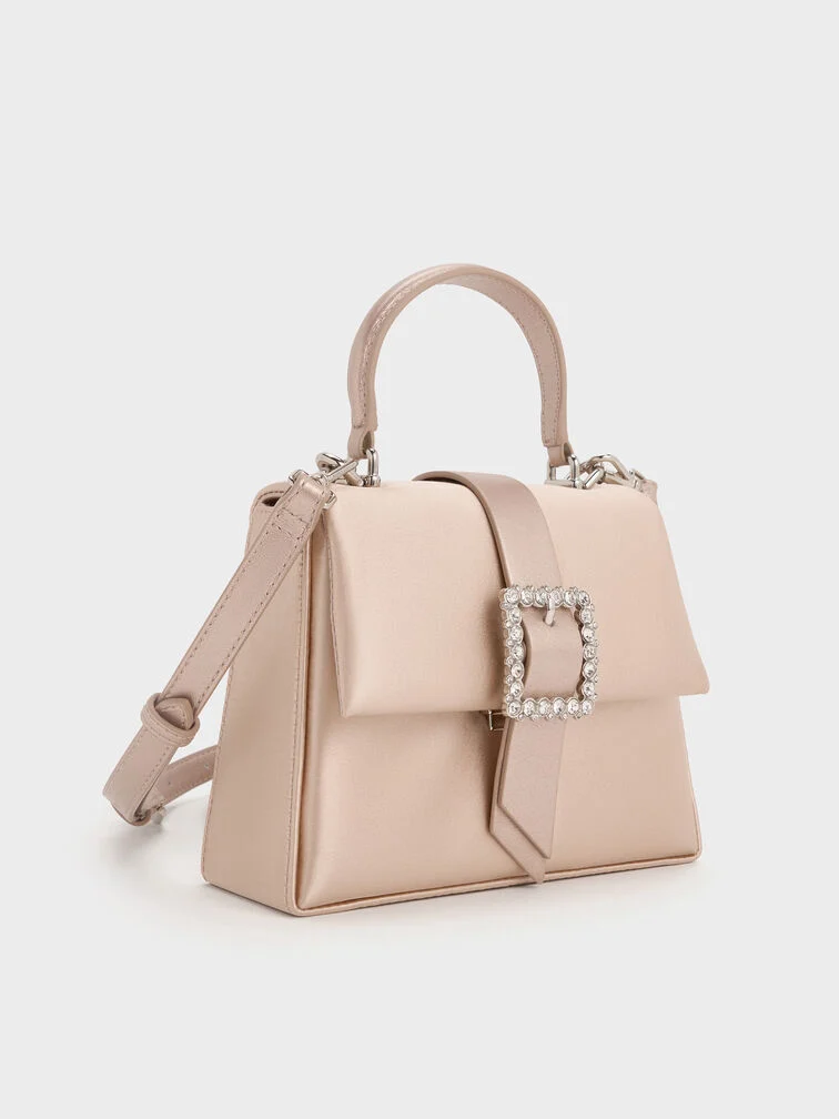 Satin Crystal-Buckle Belted Top Handle Bag
