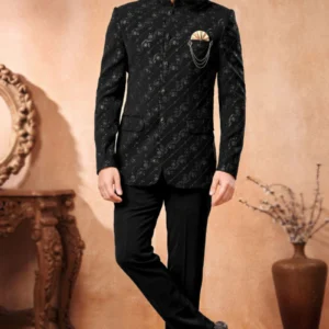 Sequins Embroidered Silk Men's Black Jodhpuri Sherwani