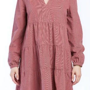 Sherin Long Sleeve With Slight Shoulder Shirring V Neck Banded Collar Three Tier Baby Doll Dress Side Seam Pockets