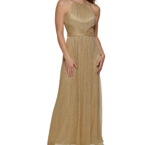 Shirred Halter Gown With Waistband Gold