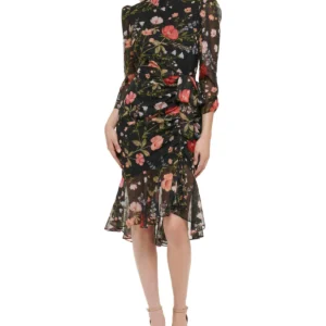 Slim Ruched Sleeve Dress With Mock Neck Black